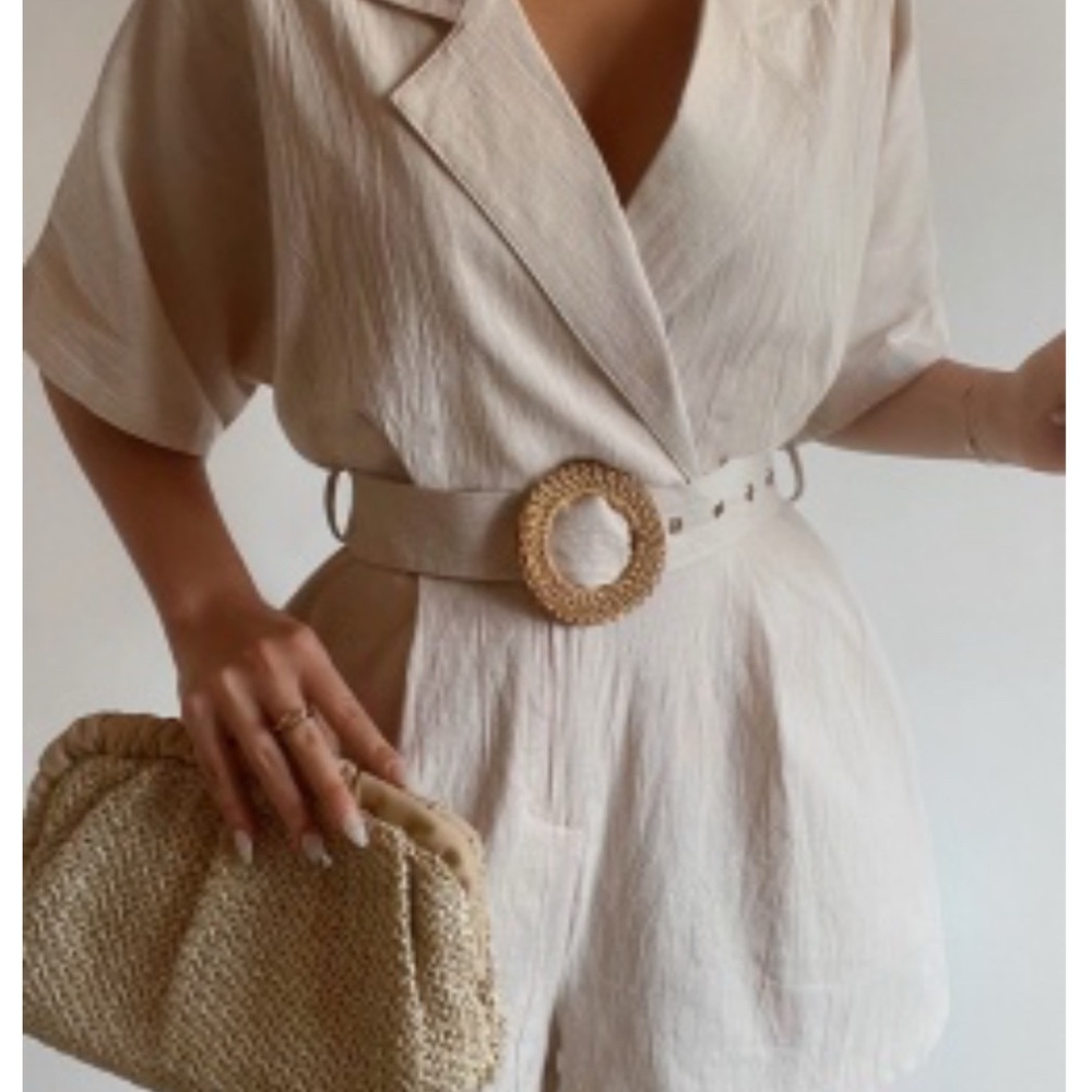 Beige Belted Romper with Woven Clutch